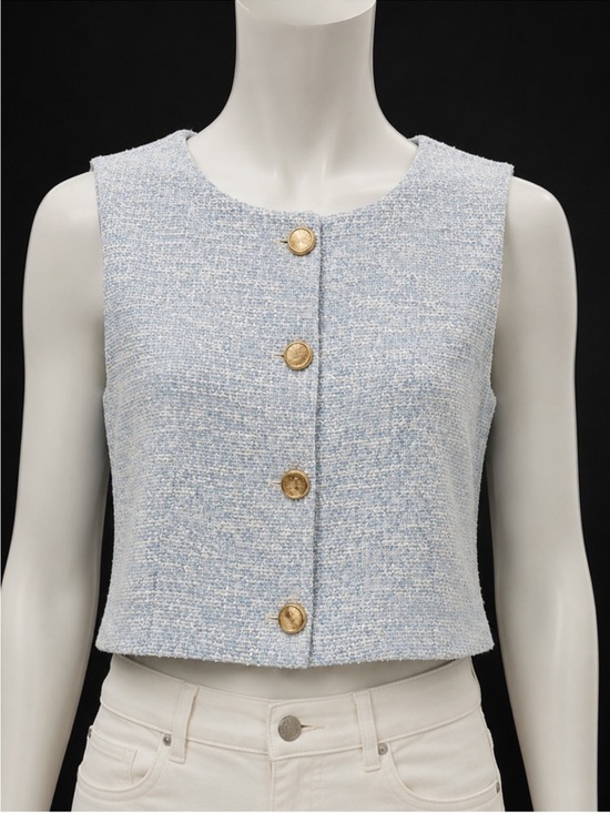 Zara Tops - NWT Zara Light Blue Tweed Sleeveless Crop Top with Gold Buttons